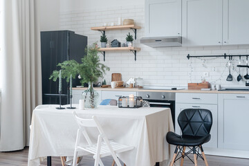 Modern kitchen interior decorated for Christmas