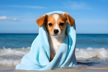Fototapeta na wymiar puppy on the beach with towel
