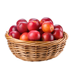 Fototapeta na wymiar Wicker basket full of delicious ripe and sweet plums isolated on transparent background, png clip art. Template for fruit flavor mark.