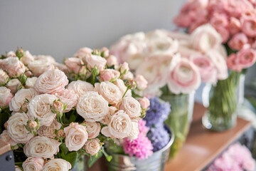 Many different flowers on Showcase. Background of mix of flowers. Beautiful flowers for catalog or online store. Floral shop and delivery concept.