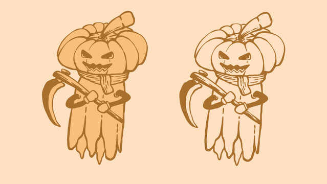 illustration of a scarecrow with a scary face carrying a sharp weapon