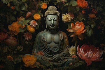 Buddha statue with lotus flower and green leaves background.Generative Ai