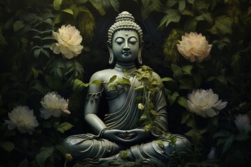 Fototapeta premium Buddha statue with lotus flower and green leaves background.Generative Ai