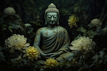 Buddha statue with lotus flower and green leaves background.Generative Ai