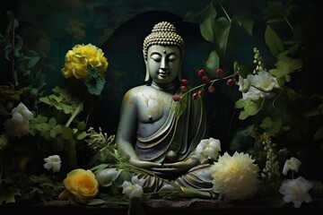 Obraz premium Buddha statue with lotus flower and green leaves background.Generative Ai
