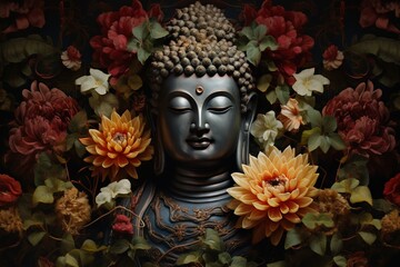 Buddha statue with lotus flower and green leaves background.Generative Ai - obrazy, fototapety, plakaty
