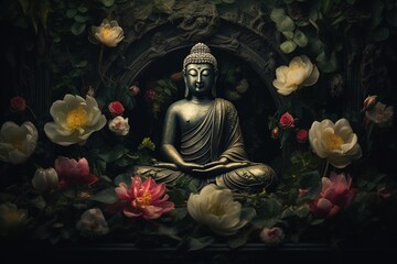 Buddha statue with lotus flower and green leaves background.Generative Ai