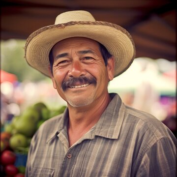Bountiful Summer: Male Farmer's Genuine Connection at Market. Generative AI
