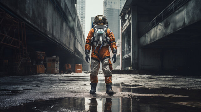 Cityscape Cosmos: Cinematic Astronaut Photos Amidst Urban Extraterrestrial Encounters, generative ai