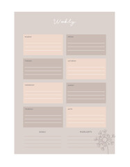 Weekly check planner. Minimalist planner template set. Vector illustration.