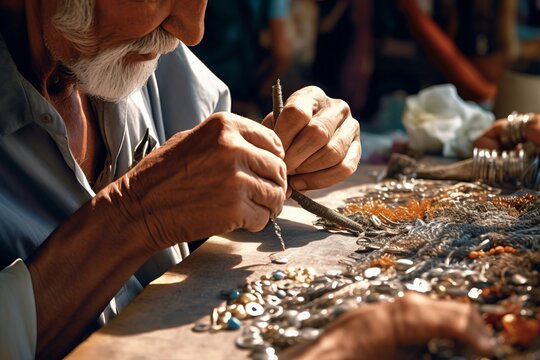 Creative Hands: Man Artisan Crafting Jewelry in Summer Market. Generative AI