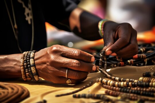Creative Hands: Man Artisan Crafting Jewelry in Summer Market. Generative AI