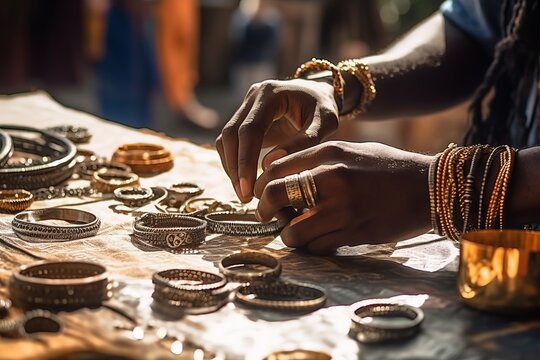 Creative Hands: Man Artisan Crafting Jewelry in Summer Market. Generative AI