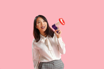 Beautiful Asian woman with funny megaphone on pink background. Dialogue concept