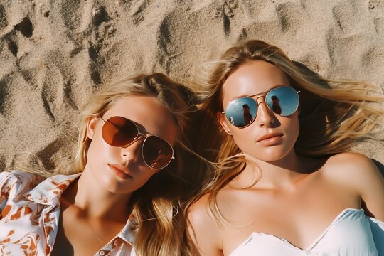 Fashionable Women Relaxing on Sunny Beach. Generative AI