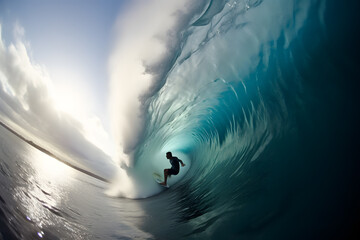 A wide-angle view of a surfer riding a massive wave, capturing the exhilaration and power of the ocean. Generative AI