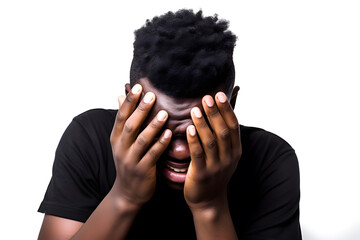 A young African American man burying his face in his hands, overwhelmed by sadness and grief, isolated on perfect white background. Generative AI