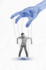 Vertical collage picture of painted big arm fingers hold hanging string black white colors mini guy...