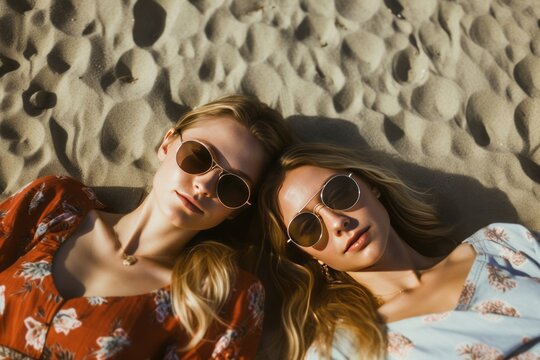 Fashionable Women Relaxing on Sunny Beach. Generative AI