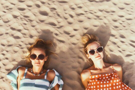 Fashionable Women Relaxing on Sunny Beach. Generative AI