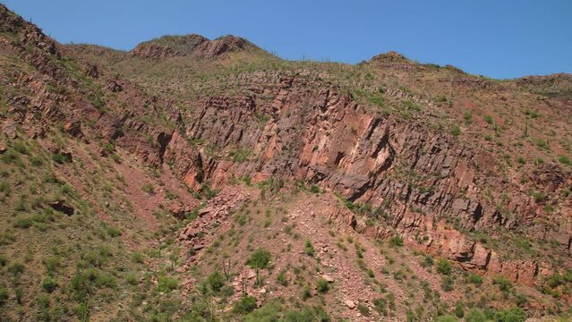 Layers of geologic rocks make the desert landscape next to the Salt River. Saguaro Cactus and wild animals are part of the scenery.
