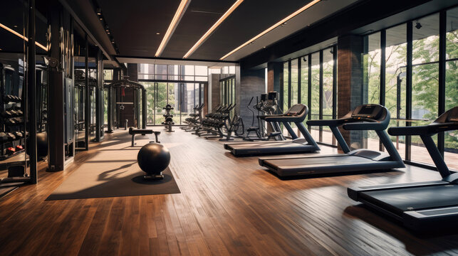 A well-equipped gym centered around fitness and wellness. Generative AI