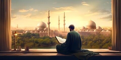 Fototapeta Muslim man sitting and holding Quran with view of mosque, eid ul adha mubarak day background illustration, Generative AI obraz