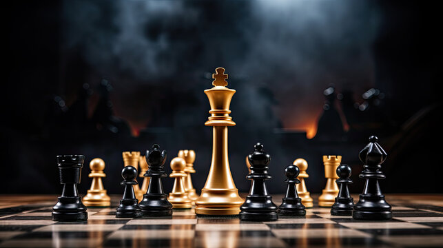 Winner. black king surrounded with gold chess pieces on chess board game competition with copy space on dark background, chess battle, success, team leader, teamwork and business strategy concept