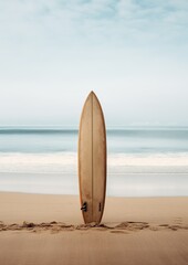 Beach Vibes: A Surfboard Resting Gracefully on the Sandy Shore. Generative Ai