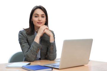 Portrait of a young brunette business woman using laptop on a transparent background