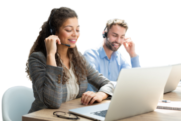 Female customer support operator with headset and smiling on a transparent background