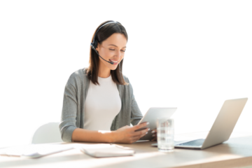 Happy young business man is analizing financial documents on a transparent background