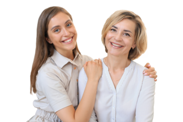 Beautiful middle aged mom and her adult daughter are hugging, looking at camera and smiling on a transparent background