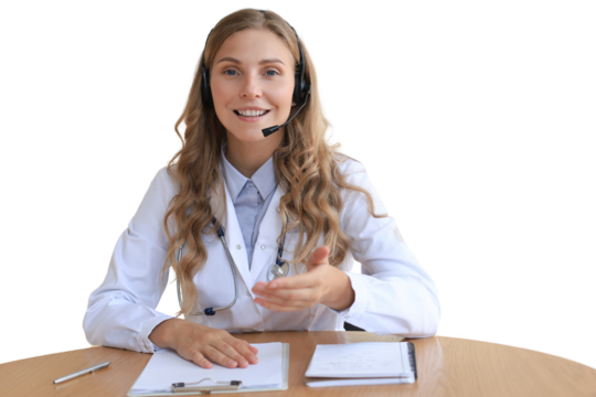 Smiling attractive female doctor talking at camera with patient on a transparent background - Powered by Adobe