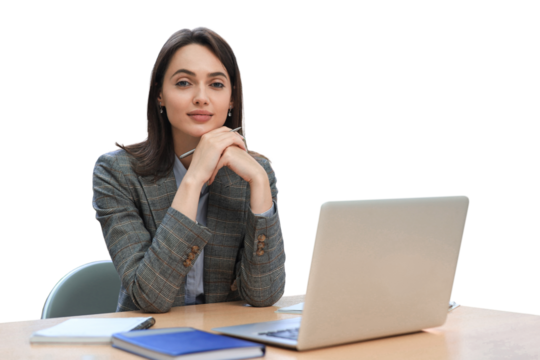 Portrait of a young brunette business woman using laptop on a transparent background