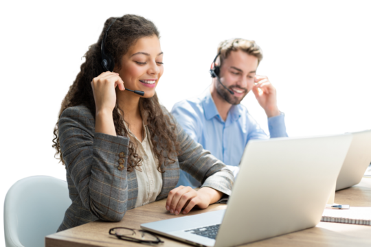 Female customer support operator with headset and smiling on a transparent background