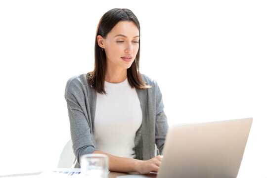 Freelance business women using tablet working call video conference with customer in workplace on a transparent background
