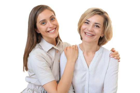 Beautiful middle aged mom and her adult daughter are hugging, looking at camera and smiling on a transparent background