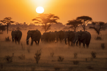 Fototapeta na wymiar an elephant herd walking in an open field at sunrise, generative AI