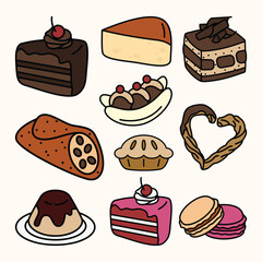Set of Dessert and Cake Cute Flat Line Illustration