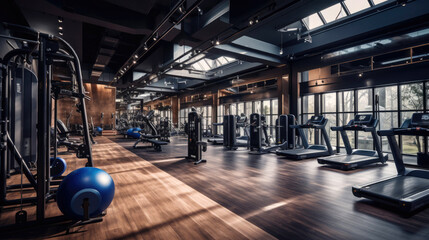 A well-equipped gym centered around fitness and wellness. Generative AI