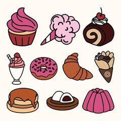 Set of Dessert and Cake Cute Flat Line Illustration
