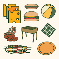 Set of Picnic Objects Cute Flat Line Illustration