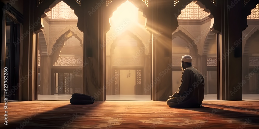 Wall mural Religious muslim man praying inside the mosque. Generative Ai