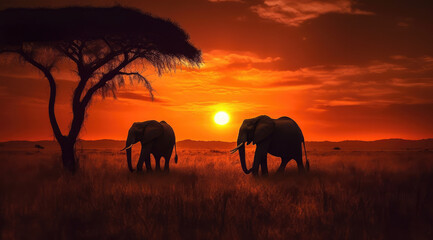 Fototapeta na wymiar an elephant herd walking in an open field at sunrise, generative AI