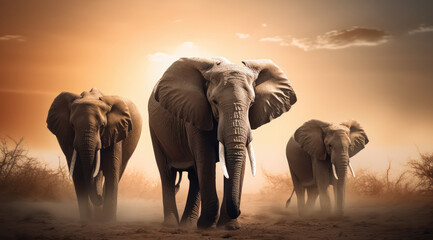 an elephant herd walking in an open field at sunrise, generative AI