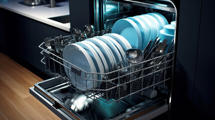 Open dishwasher with clean dishes in kitchen