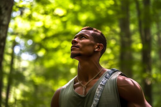 Into the Wild: Man's Tranquil Journey in the Forest. Generative AI