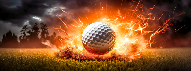The golf ball flies at high speed in fire, energy and movement, banner made with Generative AI