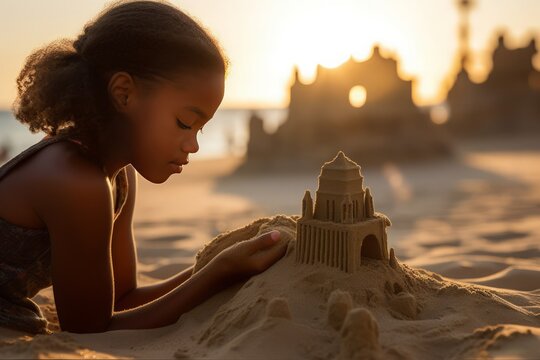 Joyful Builder: Girl's Sandcastle Creation at Sunset. Generative AI
